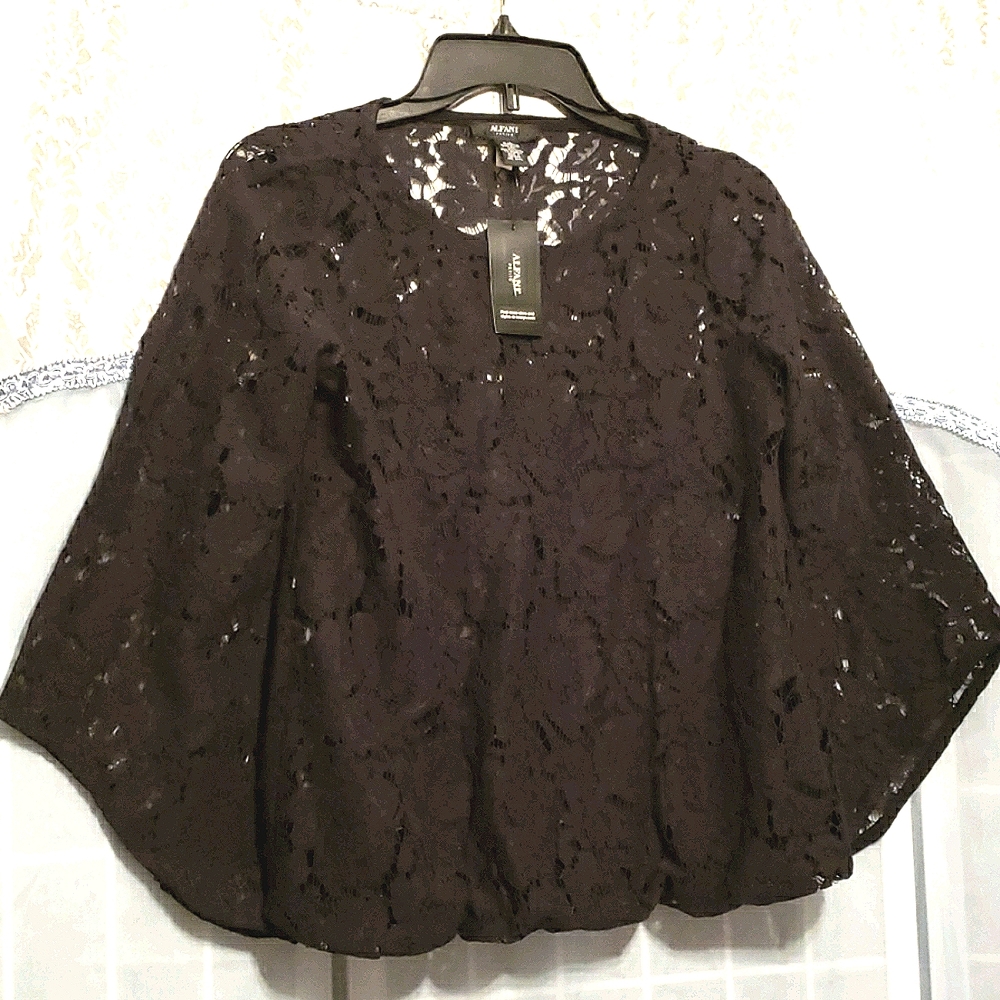 OWT ALFANI PETITE BLK LACE BUBBLE BLOUSE SZ P/P
